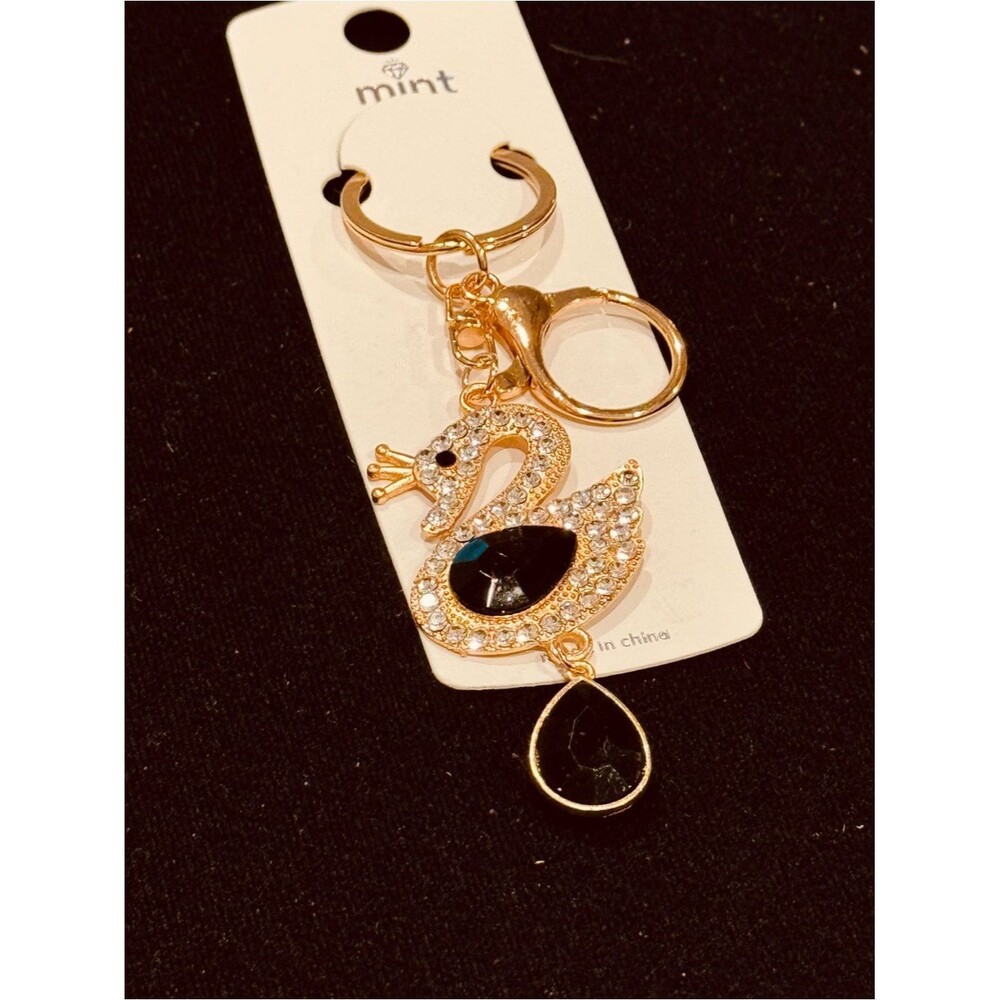 NWT Mint Swan Rhinestone Crystal Keychain Bag Charm Gold Tone